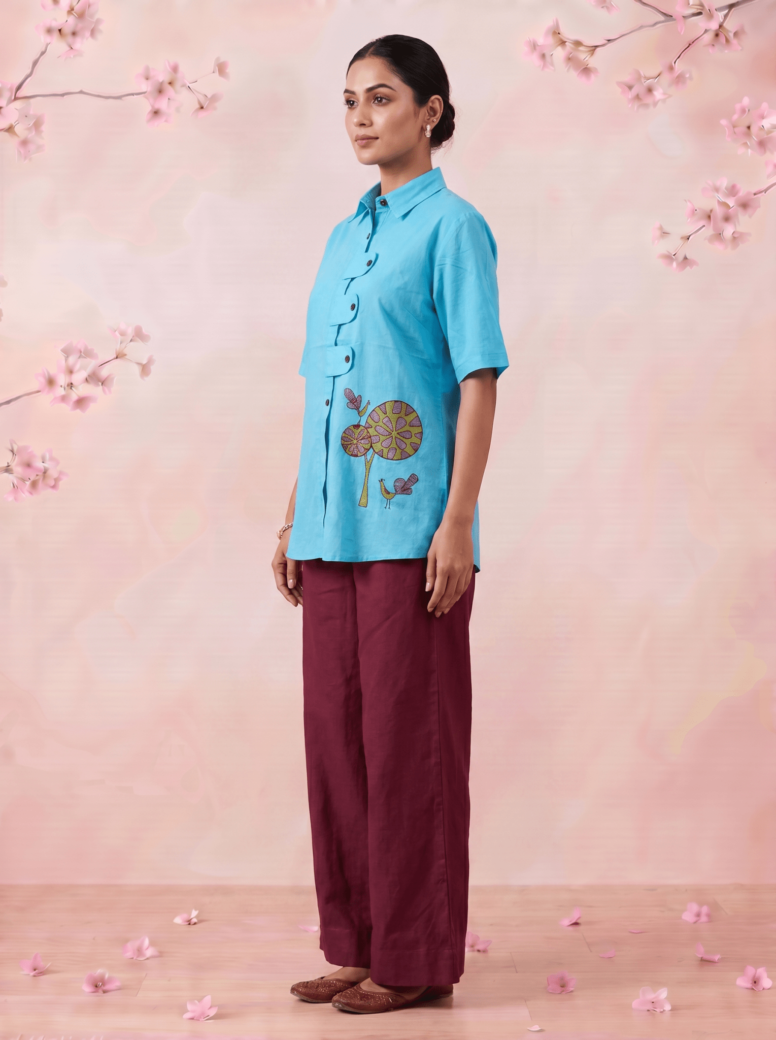 Solid Aqua Tunic With Floral Embroidered Shirt Style Top - Western Era Tops for women