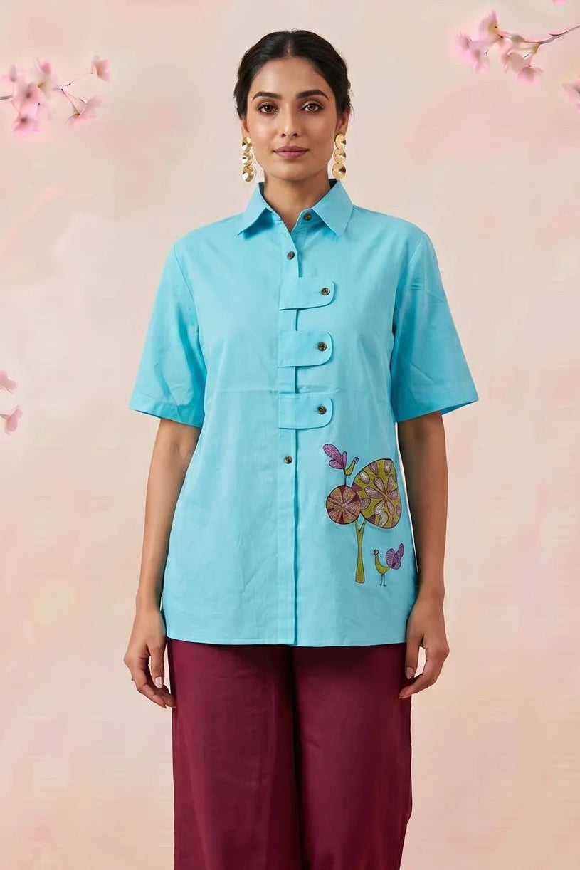 Solid Aqua Tunic With Floral Embroidered Shirt Style Top - Western Era Tops for women