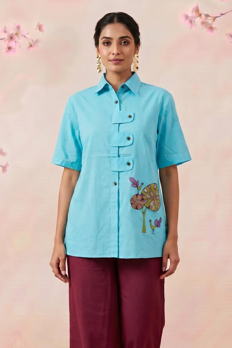 Solid Aqua Tunic With Floral Embroidered Shirt Style Top - Western Era Tops for women