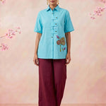 Solid Aqua Tunic With Floral Embroidered Shirt Style Top - Western Era Tops for women