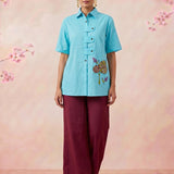 Solid Aqua Tunic With Floral Embroidered Shirt Style Top - Western Era Tops for women