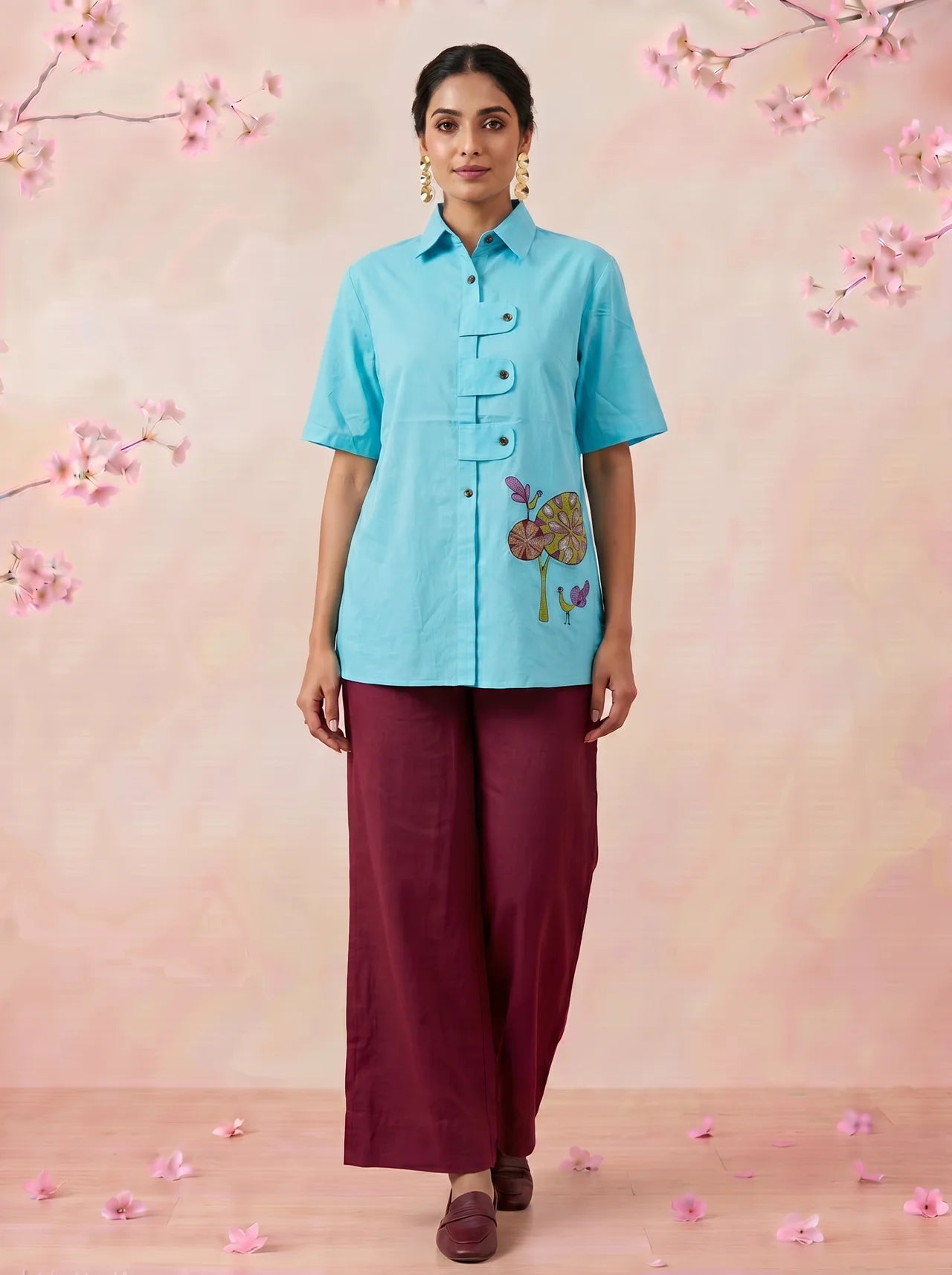 Solid Aqua Tunic With Floral Embroidered Shirt Style Top - Western Era Tops for women