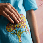 Solid Aqua Tunic With Floral Embroidered Shirt Style Top - Western Era Tops for women