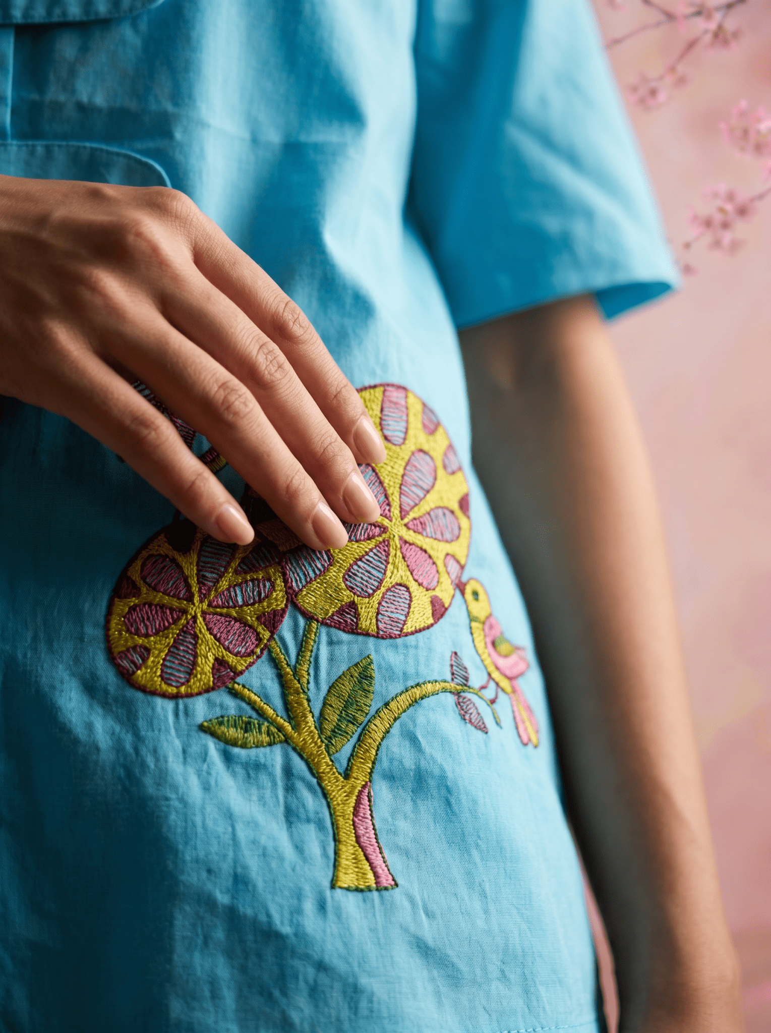 Solid Aqua Tunic With Floral Embroidered Shirt Style Top - Western Era Tops for women
