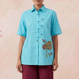 Solid Aqua Tunic With Floral Embroidered Shirt Style Top - Western Era Tops for women