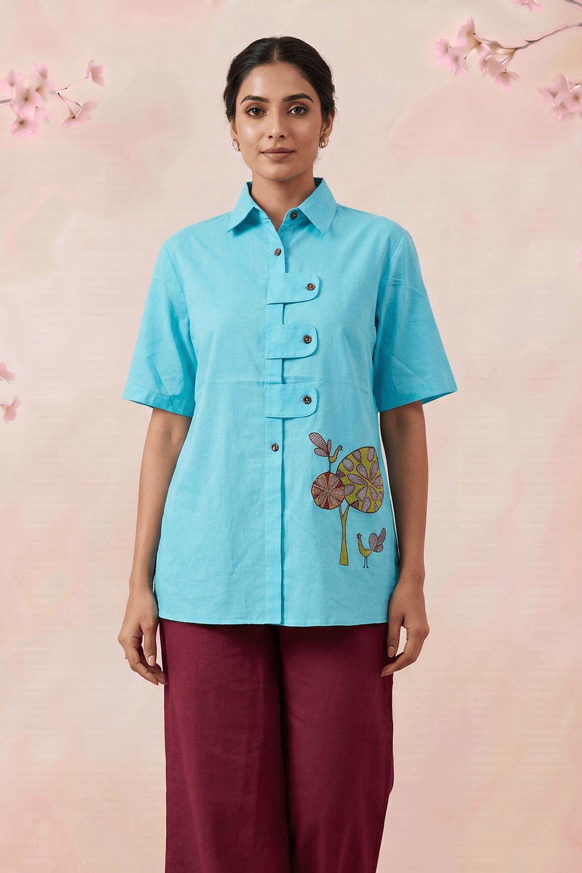 Solid Aqua Tunic With Floral Embroidered Shirt Style Top - Western Era Tops for women