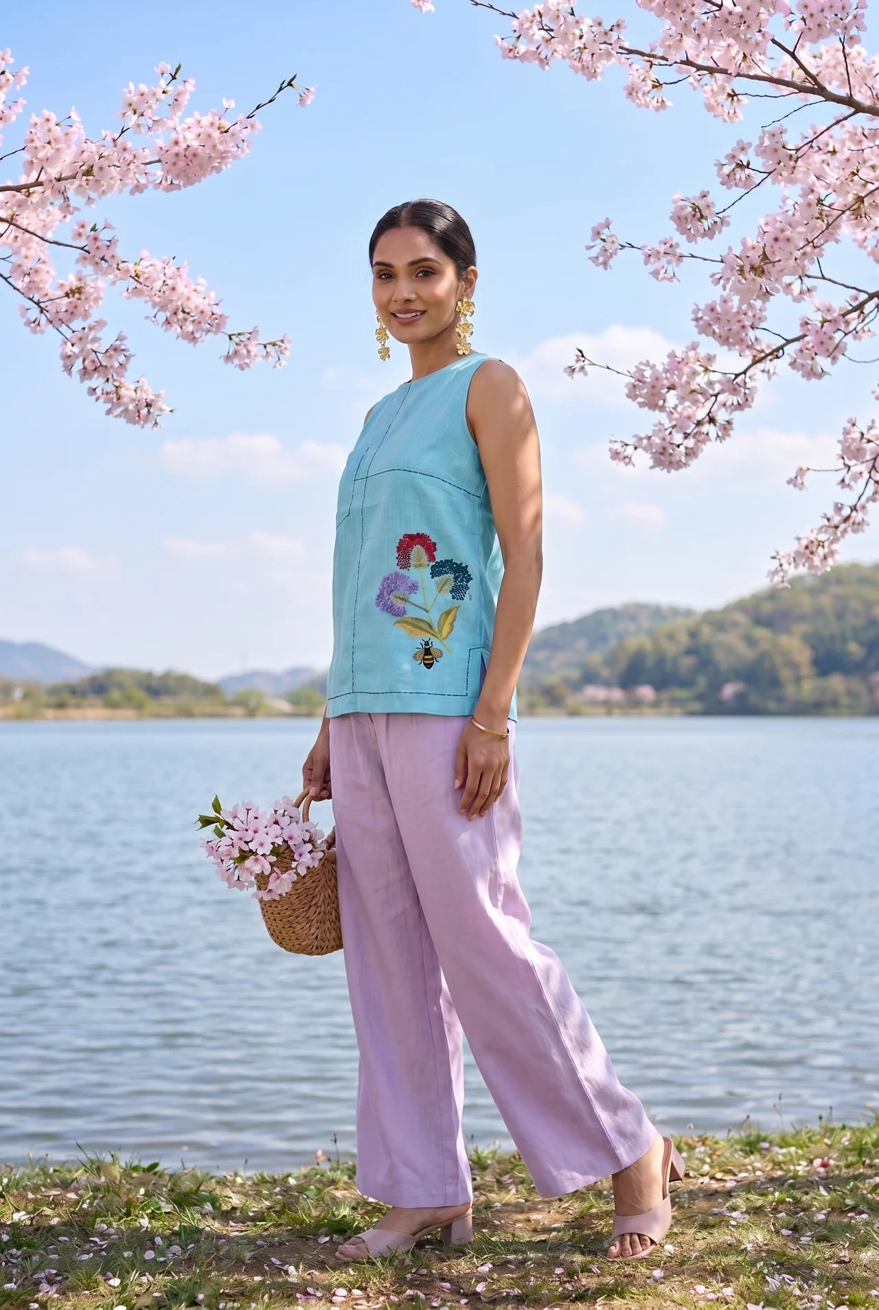 Sora Bloom Flower Embroidery Sleeveless Co - Ord Set - Western Era Co - ord set for women
