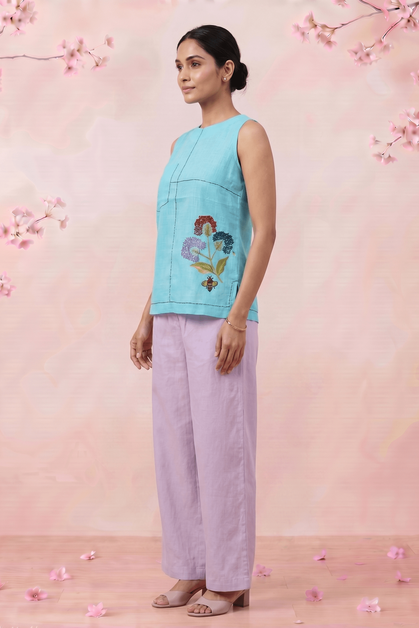 Sora Bloom Flower Embroidery Sleeveless Co - Ord Set - Western Era Co - ord set for women