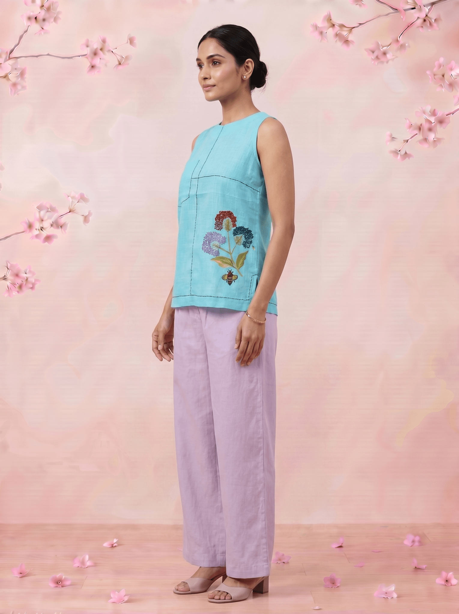 Sora Bloom Flower Embroidery Sleeveless Co - Ord Set - Western Era Co - ord set for women