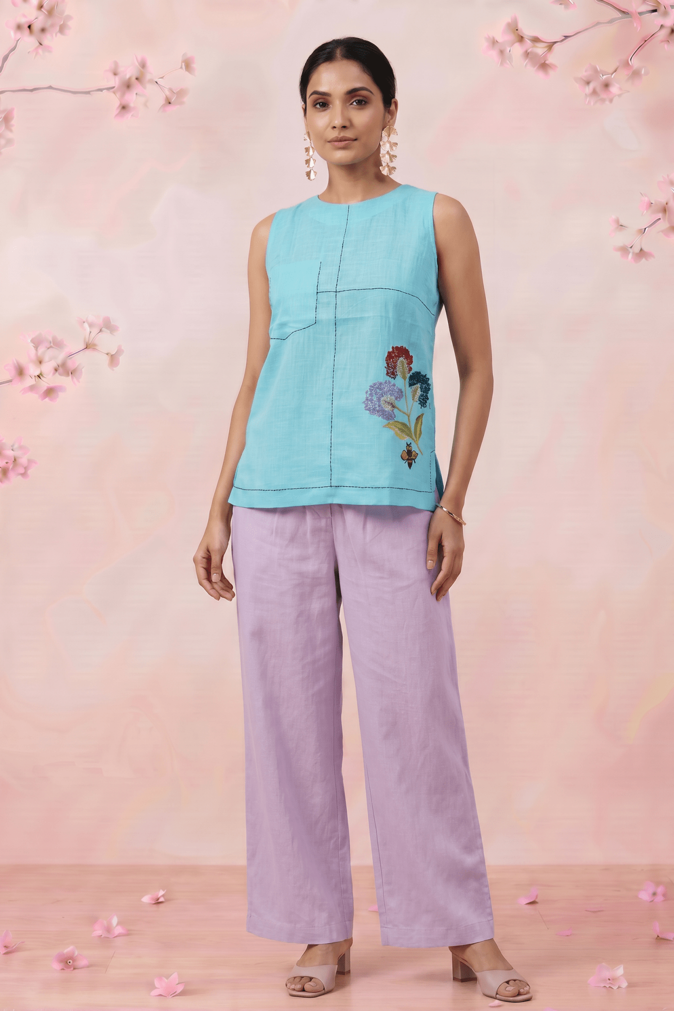 Sora Bloom Flower Embroidery Sleeveless Co - Ord Set - Western Era Co - ord set for women