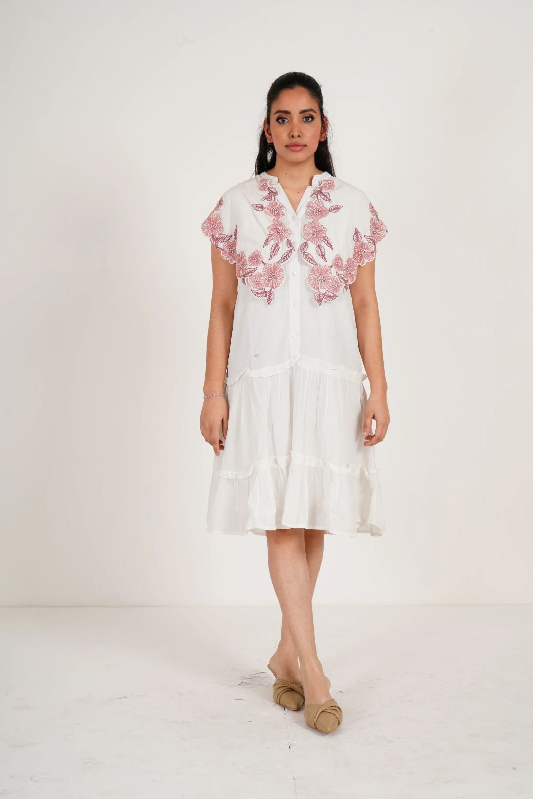 Statement Party Wear Off White Embroidered Collar Dress With Spaghetti - Western Era Dresses for women