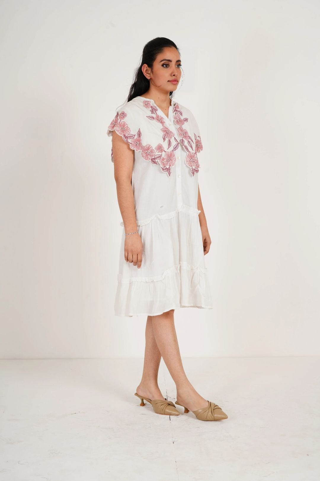 Statement Party Wear Off White Embroidered Collar Dress With Spaghetti - Western Era Dresses for women