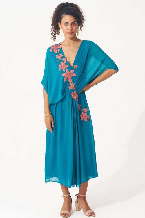 Statement Wear Floral Patch Embroidered Dress with Spaghetti
