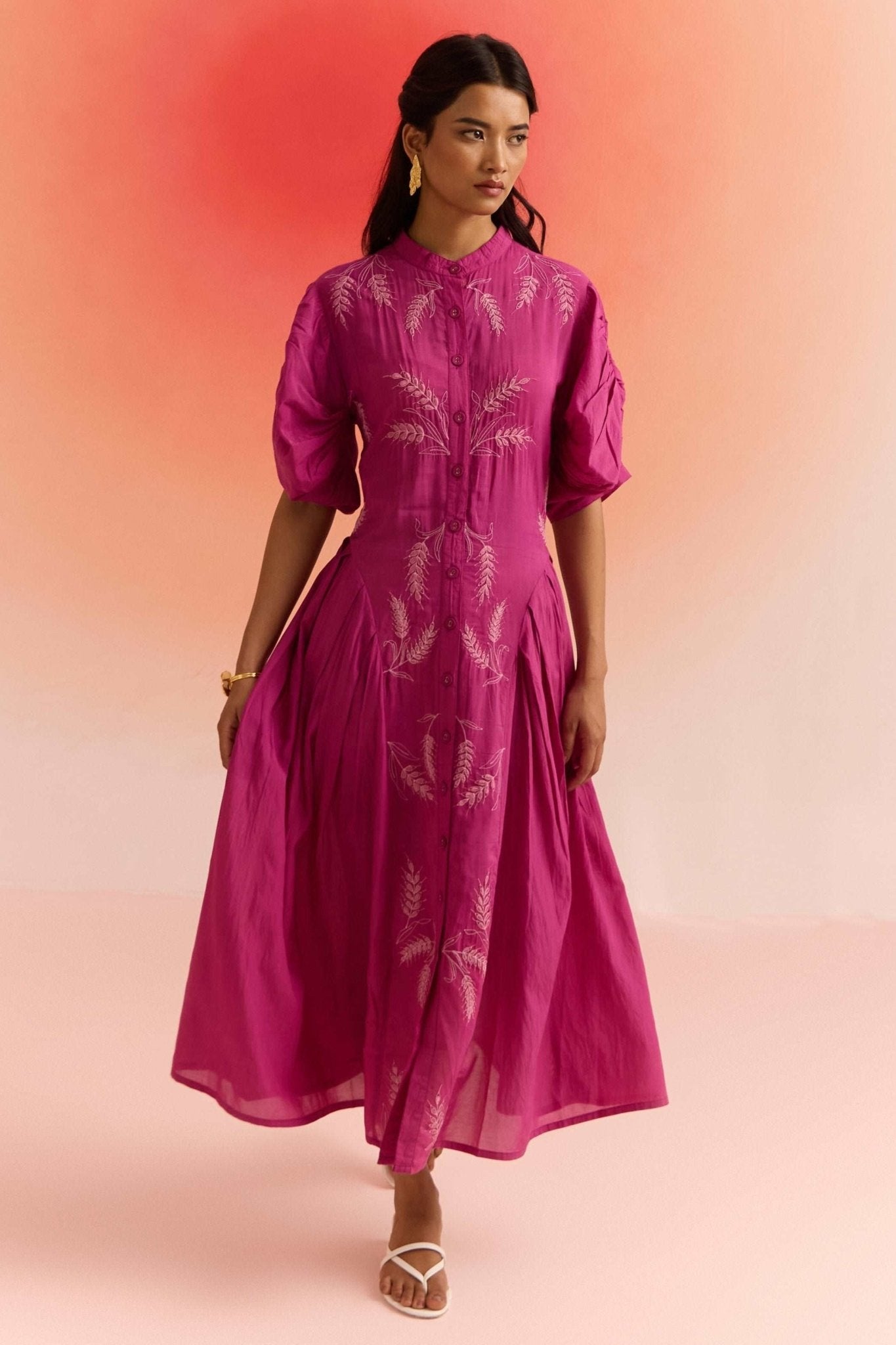 Statement Wear Pleated sleeves Dori Embroidered Dress With Spaghetti - Western Era Dresses for women