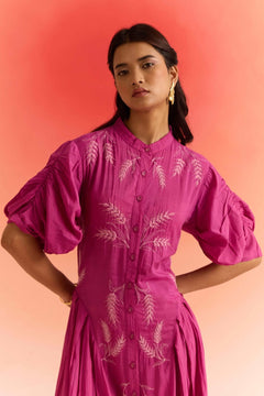Statement Wear Pleated sleeves Dori Embroidered Dress With Spaghetti