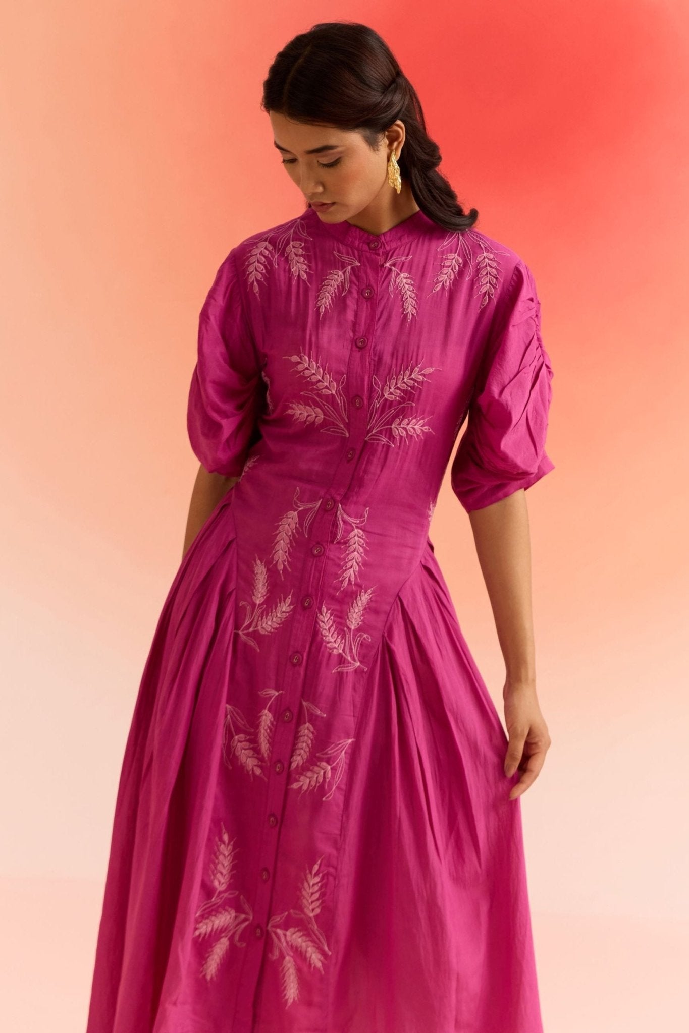 Statement Wear Pleated sleeves Dori Embroidered Dress With Spaghetti - Western Era Dresses for women