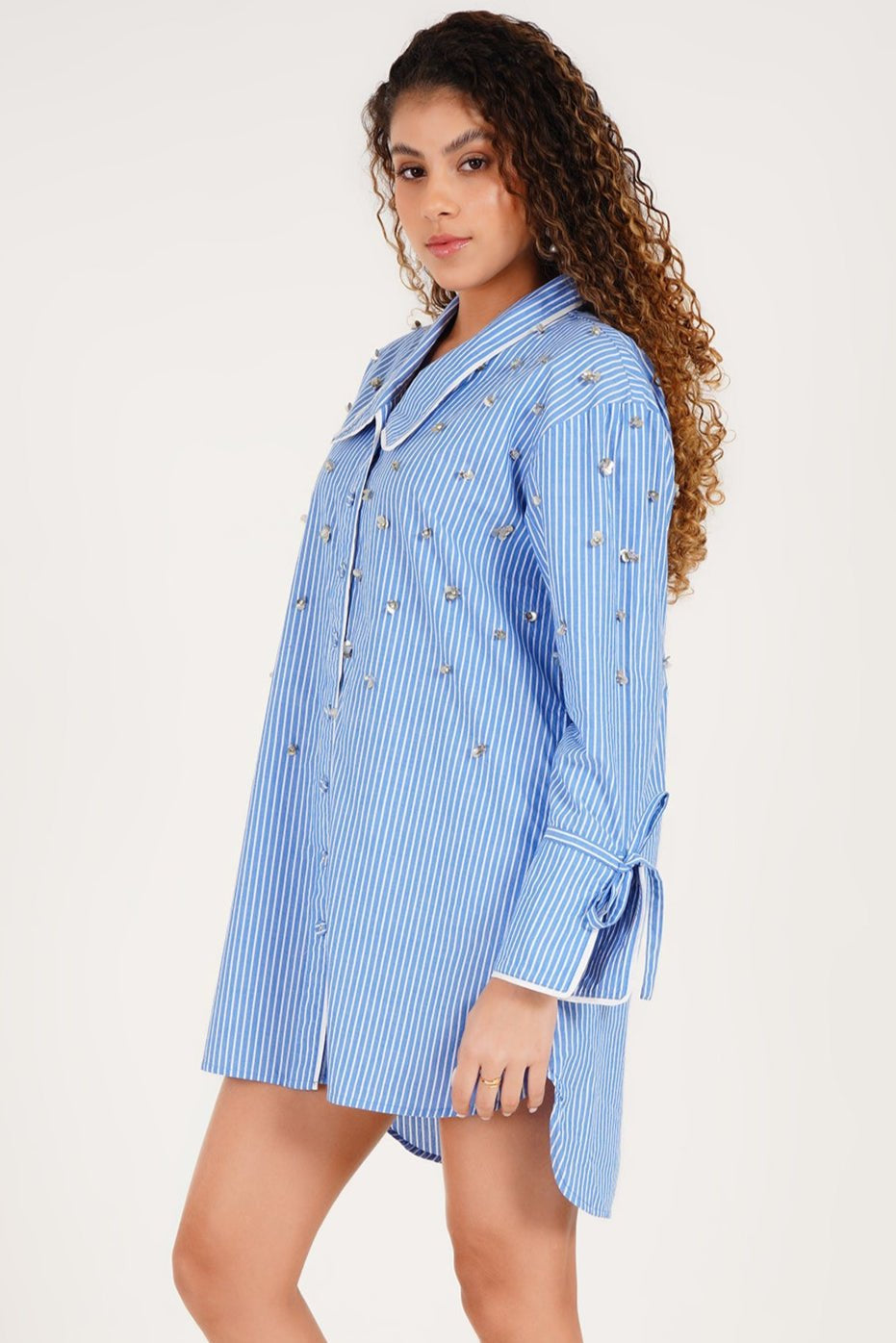 Striped Embellished Shirt Dress - Western Era Dresses for women
