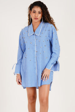 Striped Embellished Shirt Dress - Western Era Dresses for women