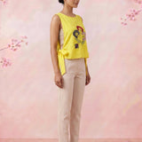Sunny Yellow Delicate Floral Embroidery With Side Knot Overtop - Western Era Tops for women