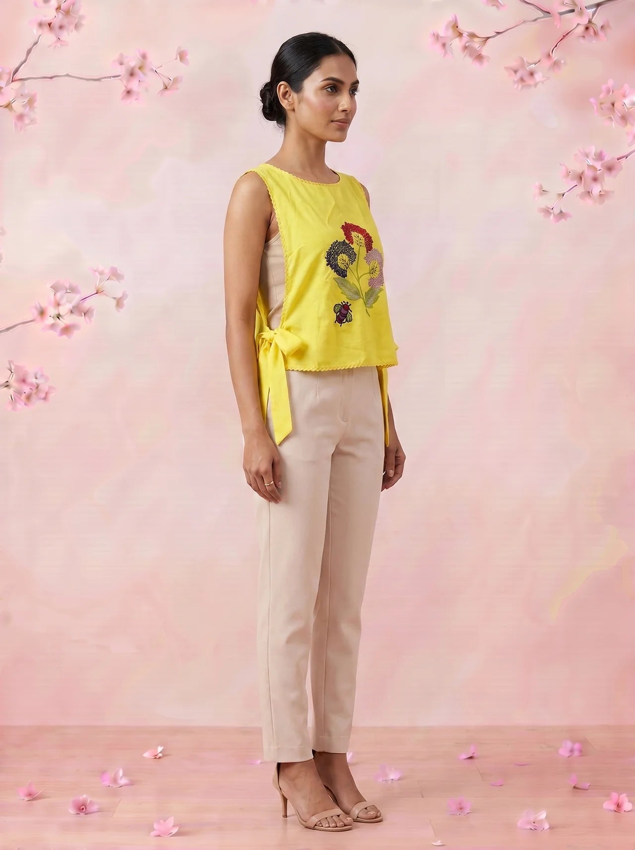 Sunny Yellow Delicate Floral Embroidery With Side Knot Overtop - Western Era Tops for women