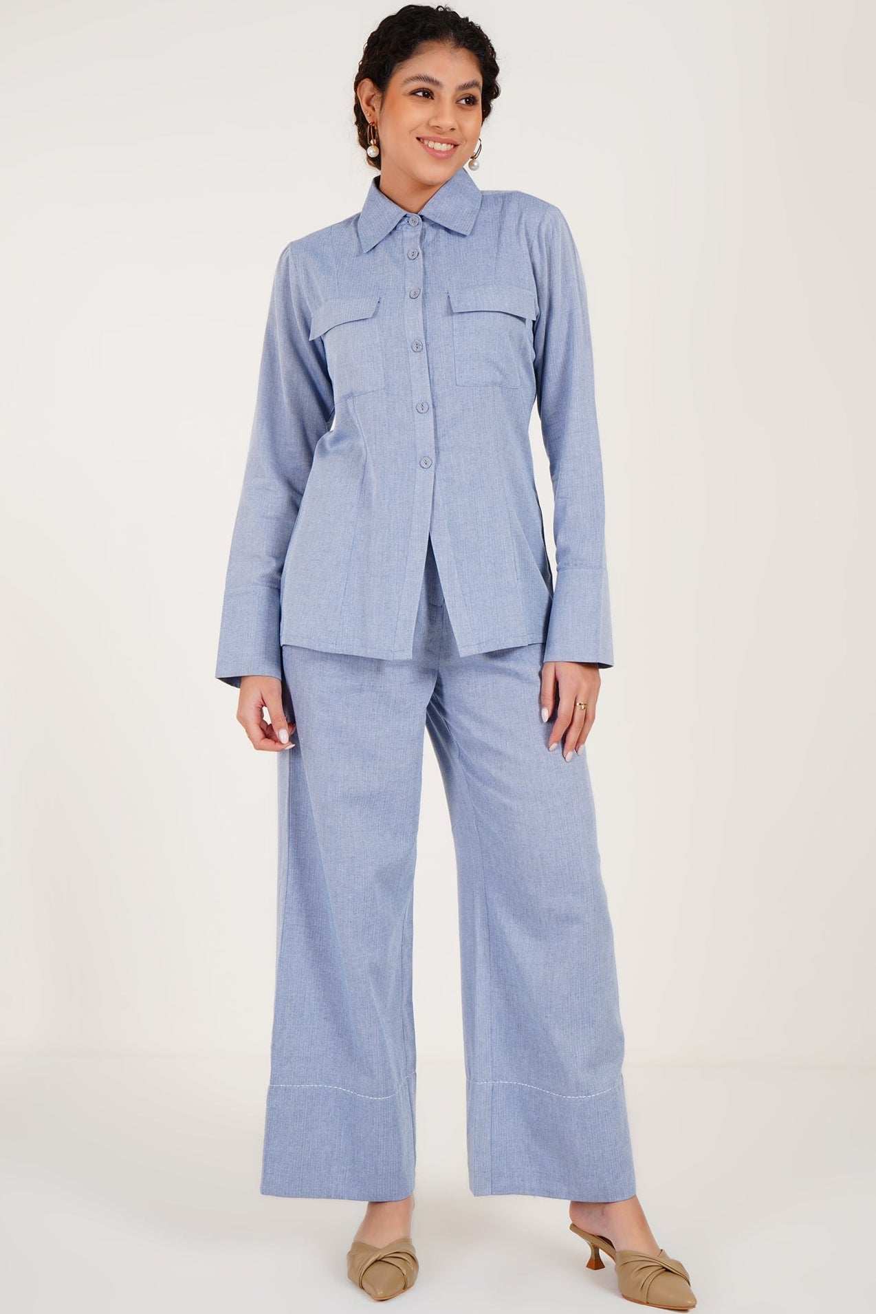 Tailored Blue Herringbone Trouser - Western Era trousers for women