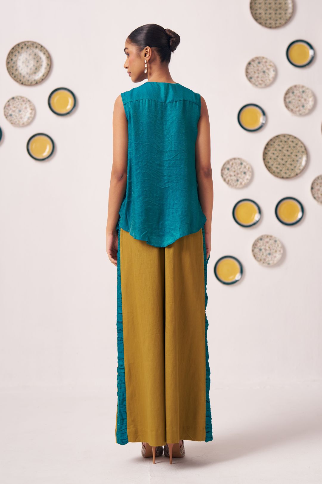 Teal Asymmetric Top with Mustard Wide - Leg Pants - Western Era Co - ord set for women