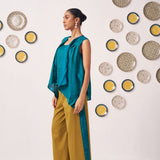Teal Asymmetric Top with Mustard Wide - Leg Pants - Western Era Co - ord set for women