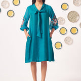 Teal Bow - Tie Embroidered Sleeve Dress - Western Era Dresses for women