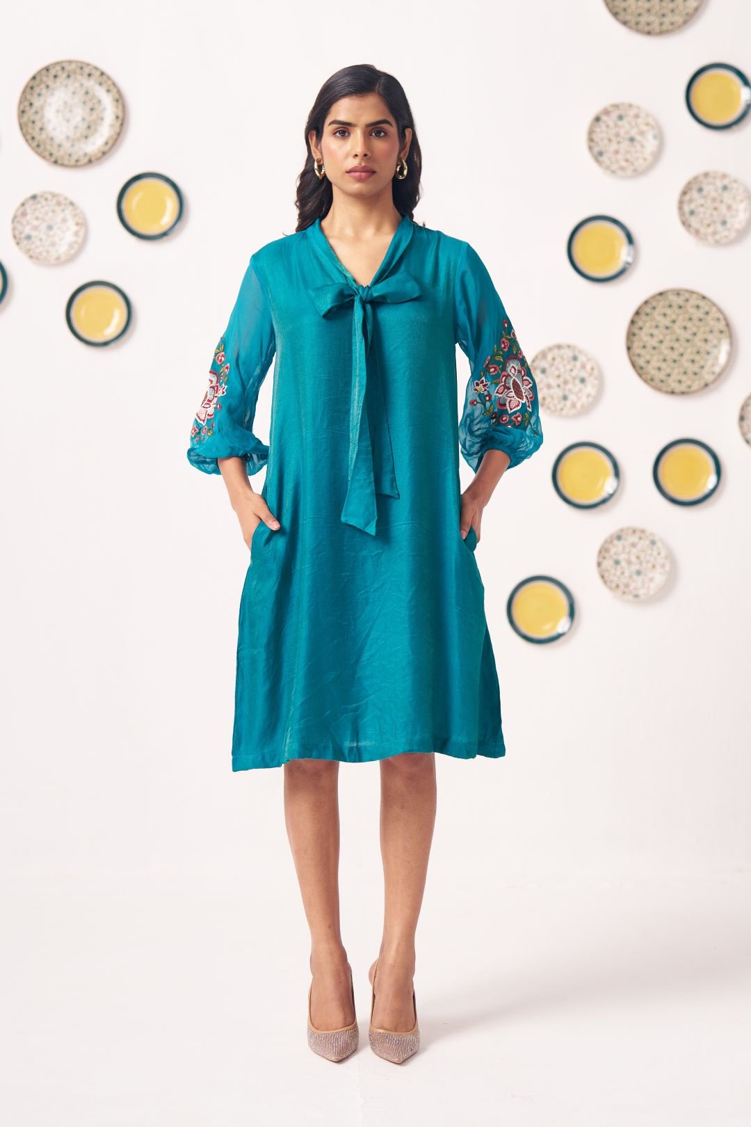 Teal Bow - Tie Embroidered Sleeve Dress - Western Era Dresses for women