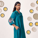 Teal Bow - Tie Embroidered Sleeve Dress - Western Era Dresses for women