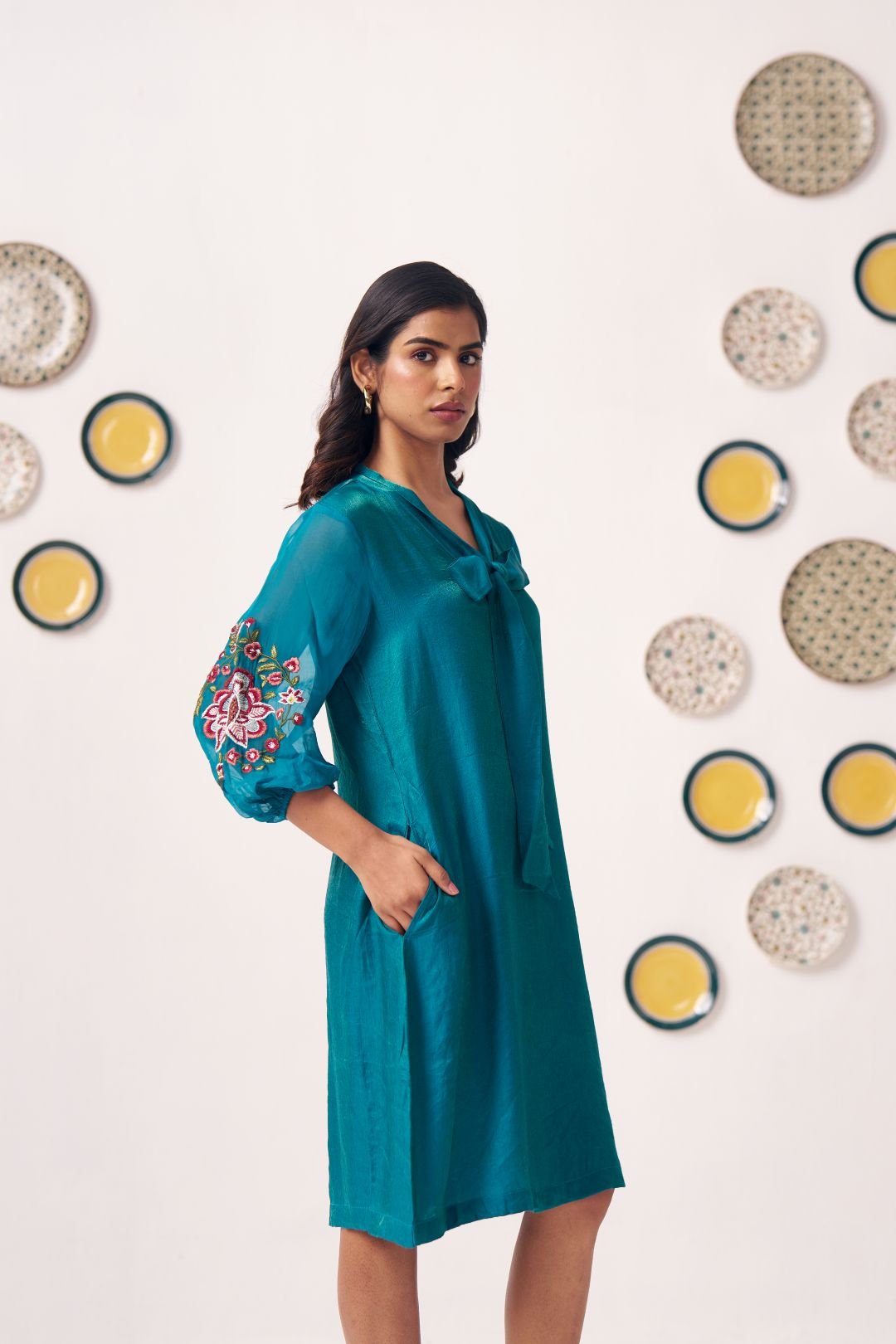 Teal Bow - Tie Embroidered Sleeve Dress - Western Era Dresses for women