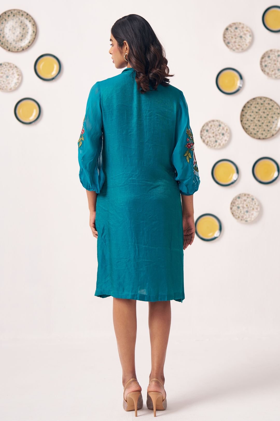 Teal Bow - Tie Embroidered Sleeve Dress - Western Era Dresses for women
