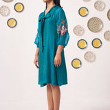 Teal Bow - Tie Embroidered Sleeve Dress - Western Era Dresses for women