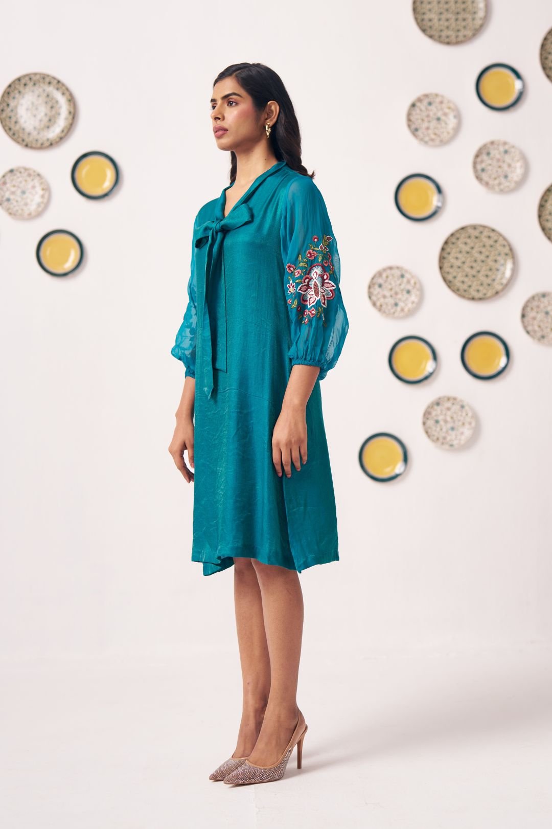 Teal Bow - Tie Embroidered Sleeve Dress - Western Era Dresses for women