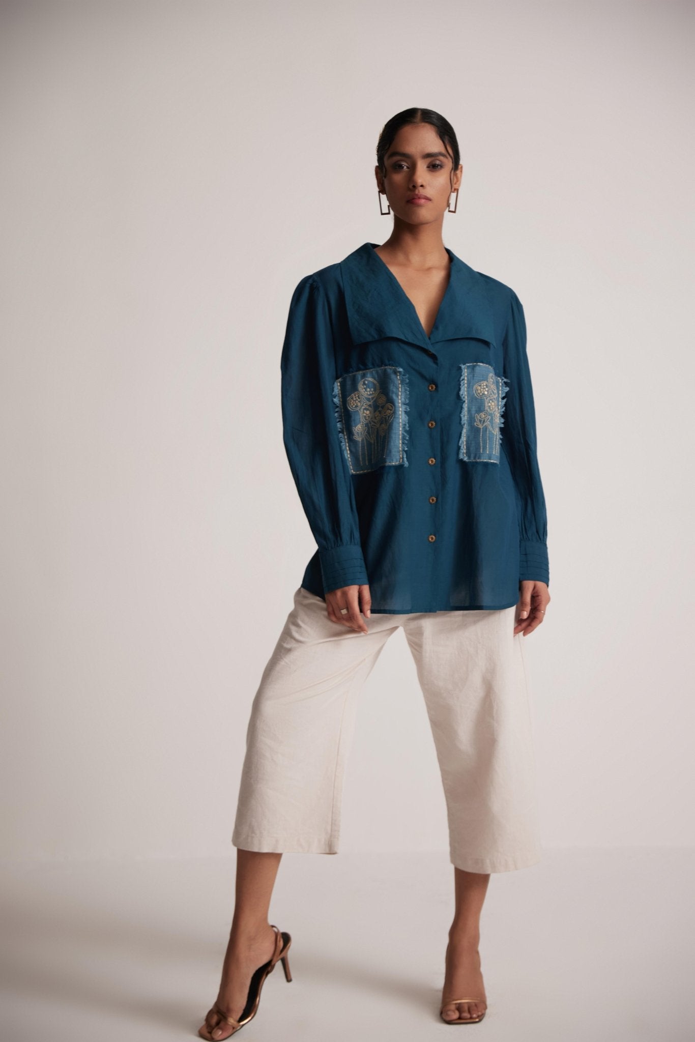 Teal Cotton Shirt with Pleated Cuff and Zari Embroidered patch on Front and Back - Western Era Embroidery for women