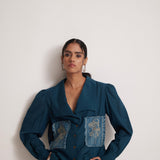 Teal Cotton Shirt with Pleated Cuff and Zari Embroidered patch on Front and Back - Western Era Embroidery for women