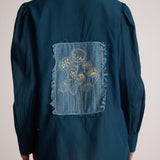 Teal Cotton Shirt with Pleated Cuff and Zari Embroidered patch on Front and Back - Western Era Embroidery for women