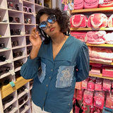 Teal Cotton Shirt with Pleated Cuff and Zari Embroidered patch on Front and Back - Western Era Embroidery for women