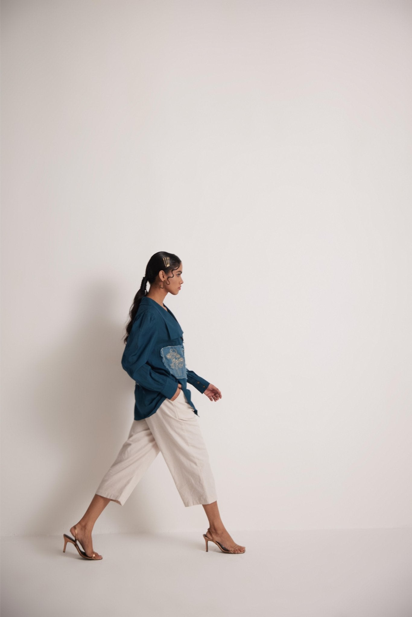 Teal Cotton Shirt with Pleated Cuff and Zari Embroidered patch on Front and Back - Western Era Embroidery for women