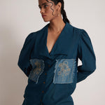Teal Cotton Shirt with Pleated Cuff and Zari Embroidered patch on Front and Back - Western Era Embroidery for women