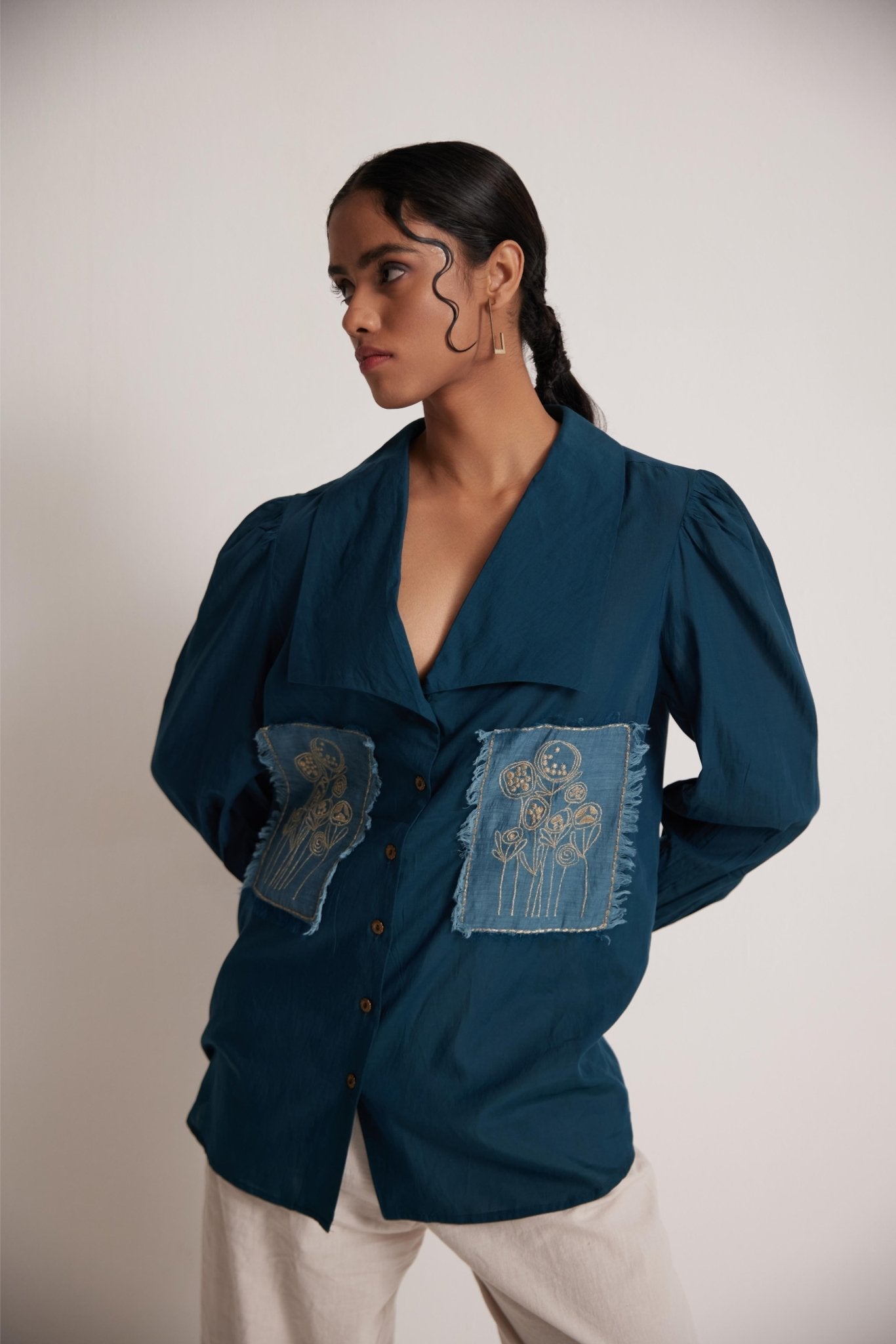 Teal Cotton Shirt with Pleated Cuff and Zari Embroidered patch on Front and Back - Western Era Embroidery for women