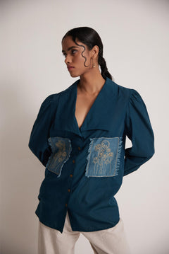 Teal Cotton Shirt with Pleated Cuff and Zari Embroidered patch on Front and Back - Western Era Embroidery for women