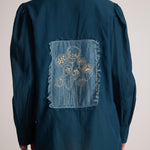 Teal Cotton Shirt with Pleated Cuff and Zari Embroidered patch on Front and Back - Western Era Embroidery for women