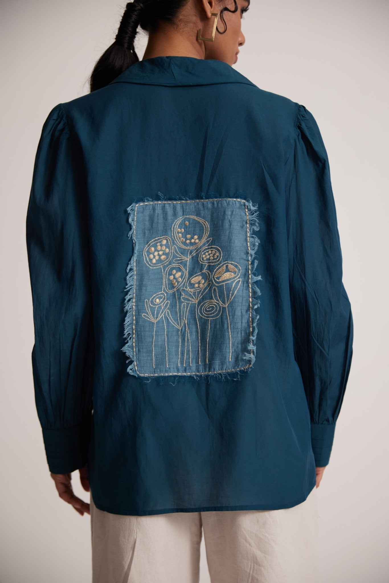 Teal Cotton Shirt with Pleated Cuff and Zari Embroidered patch on Front and Back - Western Era Embroidery for women