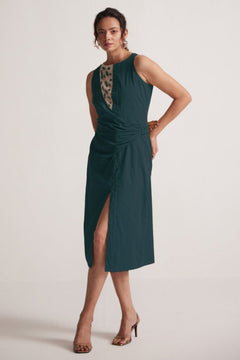 Teal Mid Dress with Side Drape and Mother Pearls Embellished on The Front Yoke