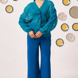 Teal Organza Kaftan Top with Cami and Navy Trouser Set - Western Era Co - ord set for women