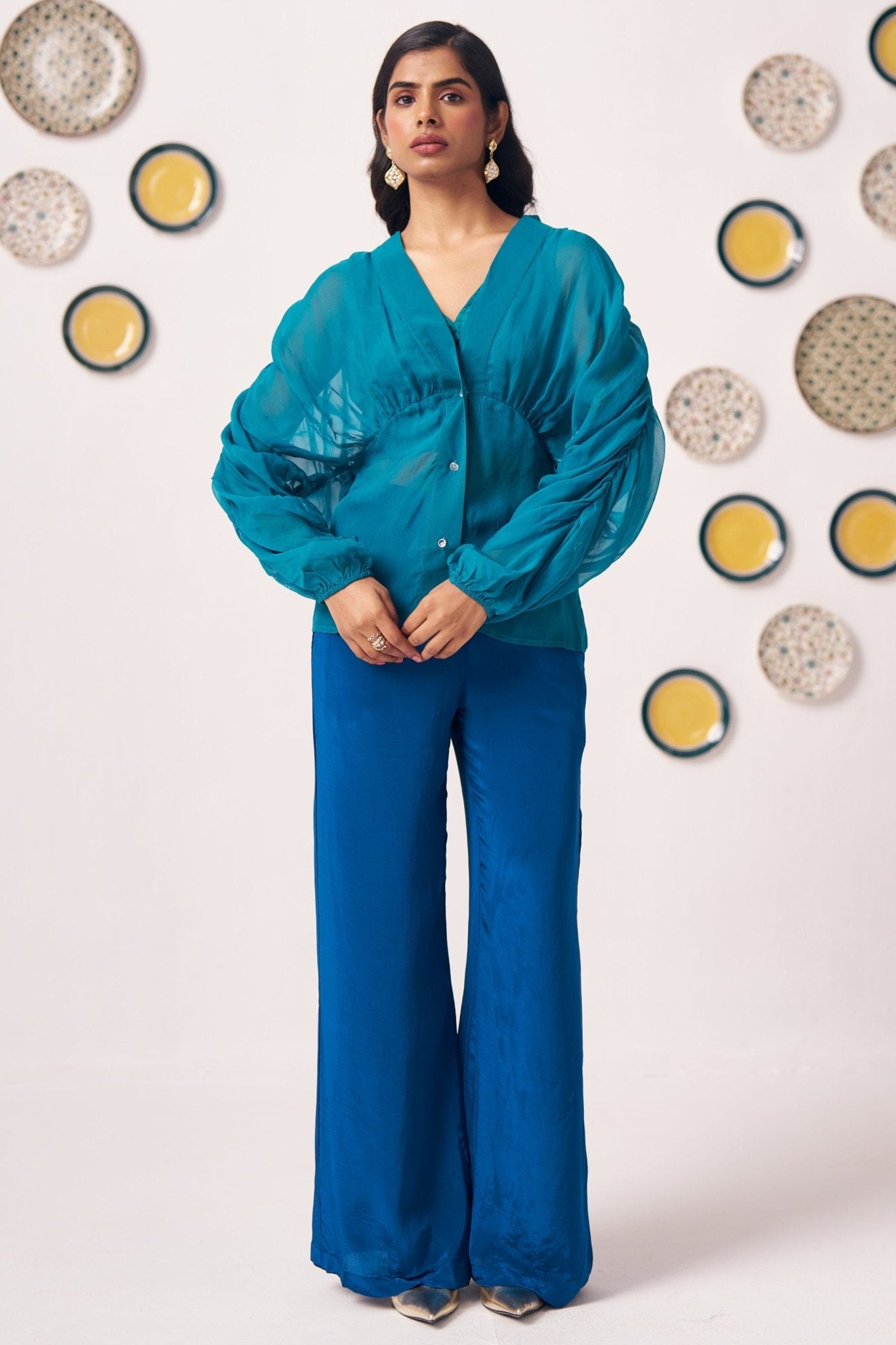 Teal Organza Kaftan Top with Cami and Navy Trouser Set - Western Era Co - ord set for women