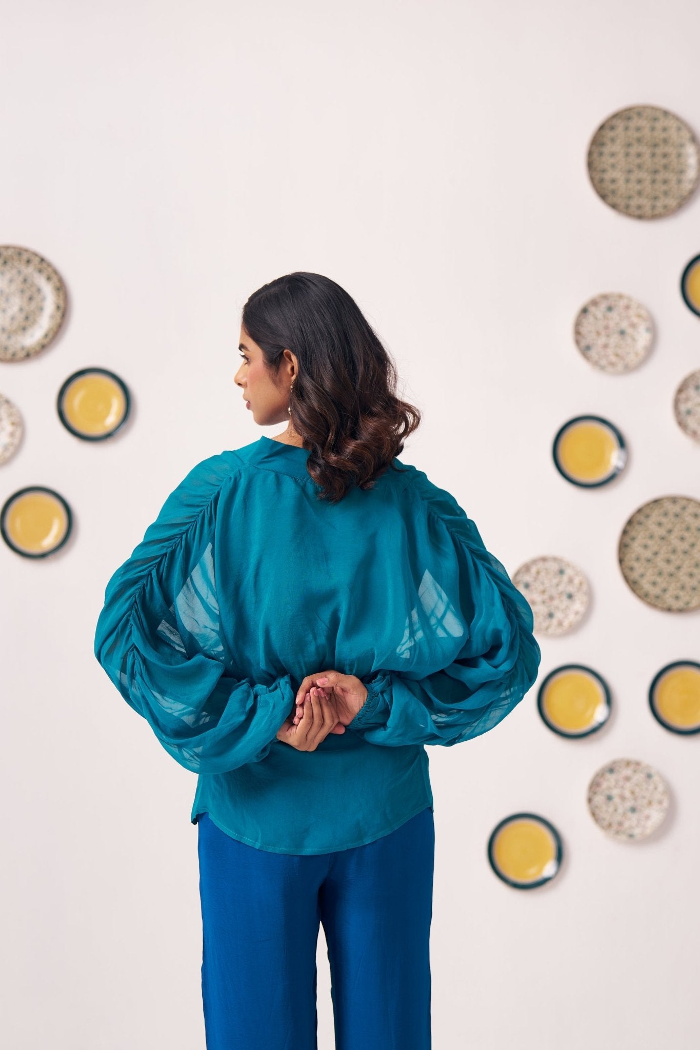 Teal Organza Kaftan Top with Cami and Navy Trouser Set - Western Era Co - ord set for women