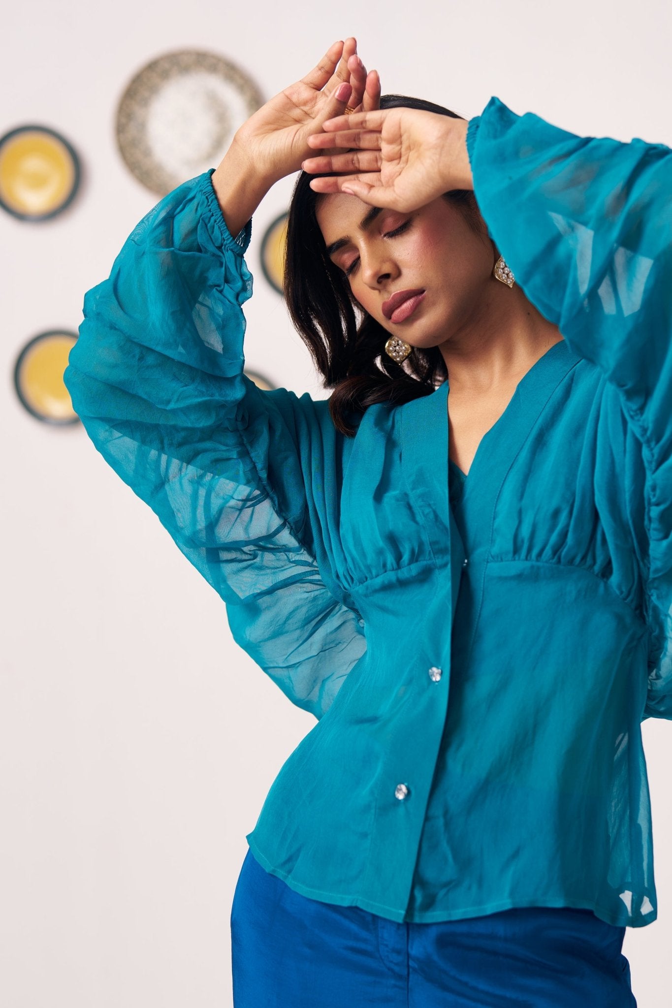 Teal Organza Kaftan Top with Cami and Navy Trouser Set - Western Era Co - ord set for women