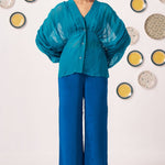 Teal Organza Kaftan Top with Cami and Navy Trouser Set - Western Era Co - ord set for women